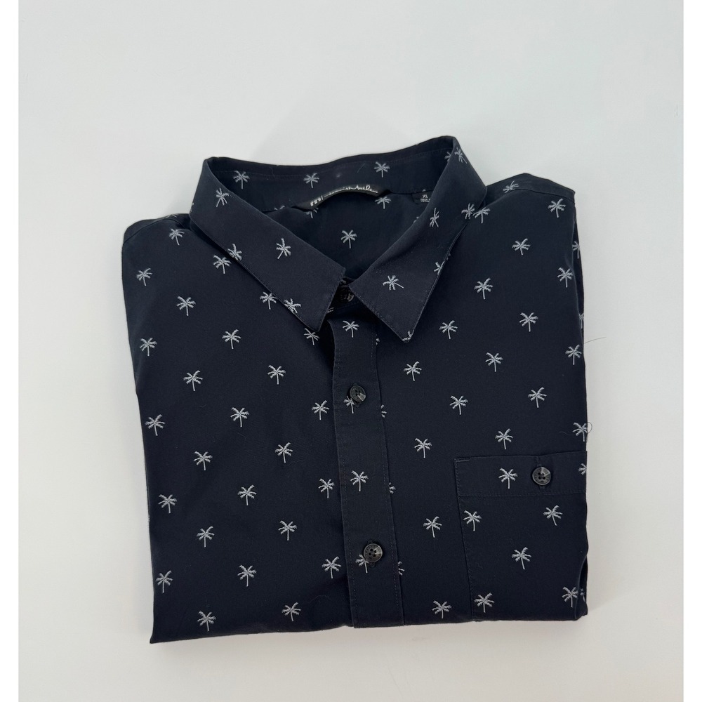 TravisMathew Mens XL Black Palm Tree Embroidered Short Sleeve Button Down Shirt